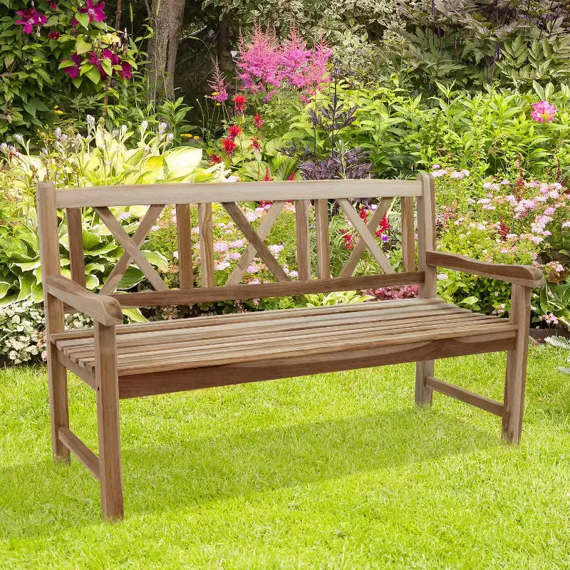 Banc de jardin d'extérieur en teck avec dossier croisé Sunnydaze pour 2 personnes