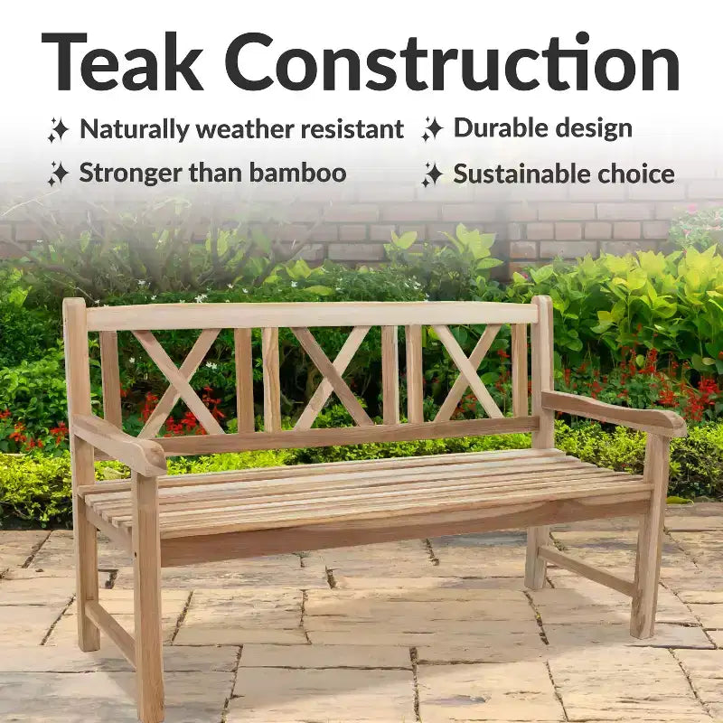 Banc de jardin d'extérieur en teck avec dossier croisé Sunnydaze pour 2 personnes