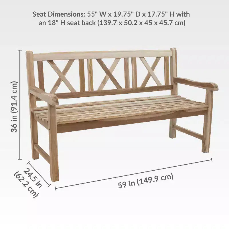 Banc de jardin d'extérieur en teck avec dossier croisé Sunnydaze pour 2 personnes
