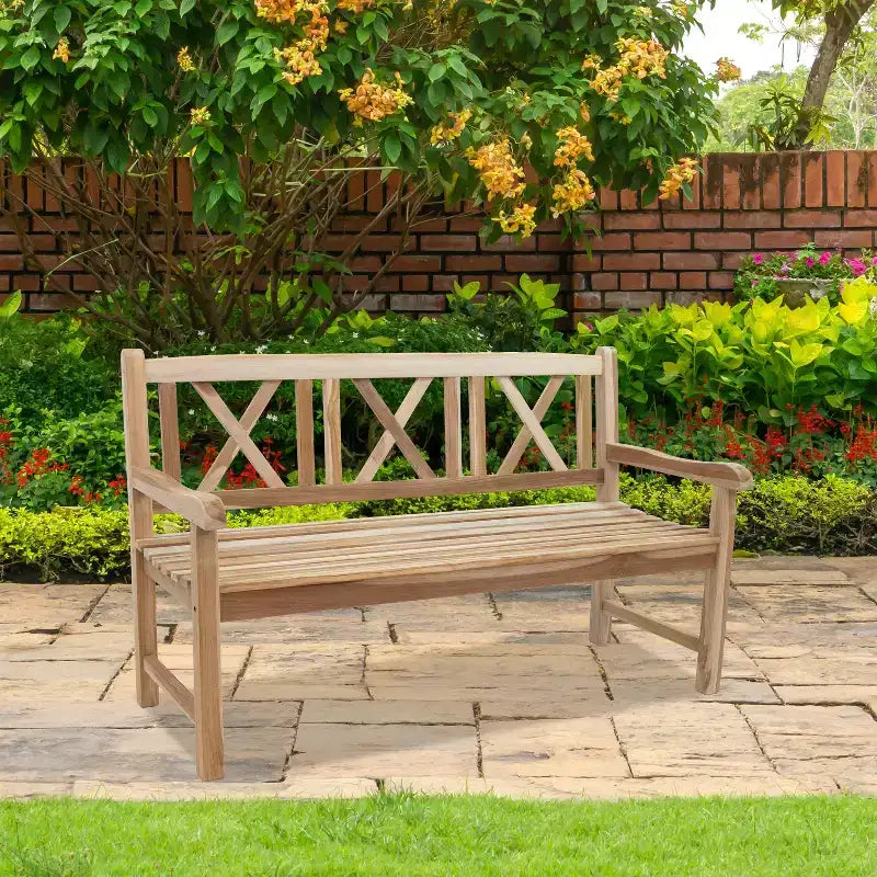 Banc de jardin d'extérieur en teck avec dossier croisé Sunnydaze pour 2 personnes