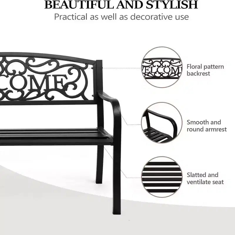 VINGLI Outdoor Metal Bench with Welcome Pattern PVC Back, Weatherproof Black Steel Patio Bench for Garden, Porch, Deck, Yard, Lawn Decor