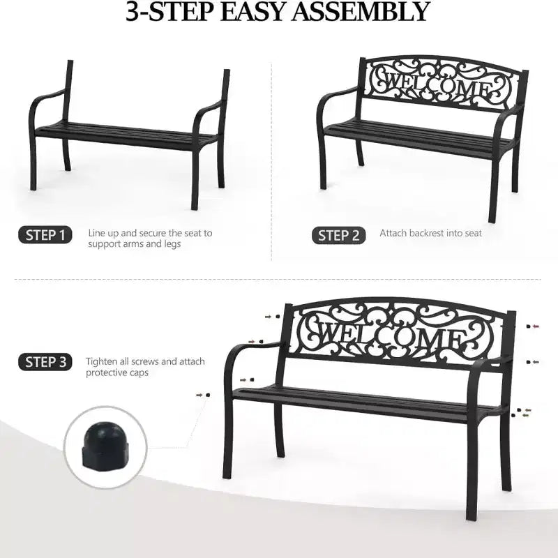 Banc d'extérieur en métal VINGLI avec dossier en PVC motif Bienvenue, Banc de patio en acier noir résistant aux intempéries pour jardin, porche, terrasse, cour, décoration de pelouse