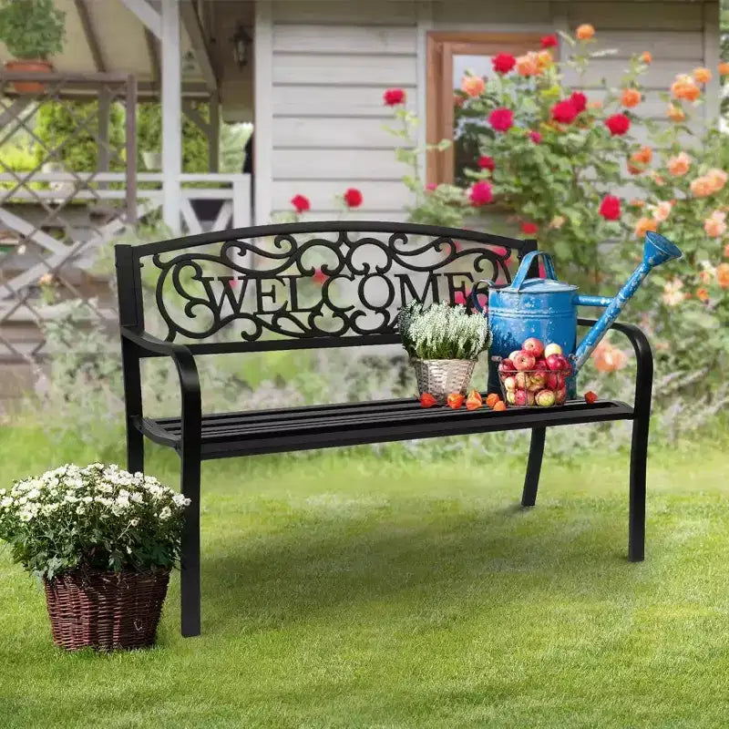 Banc d'extérieur en métal VINGLI avec dossier en PVC motif Bienvenue, Banc de patio en acier noir résistant aux intempéries pour jardin, porche, terrasse, cour, décoration de pelouse