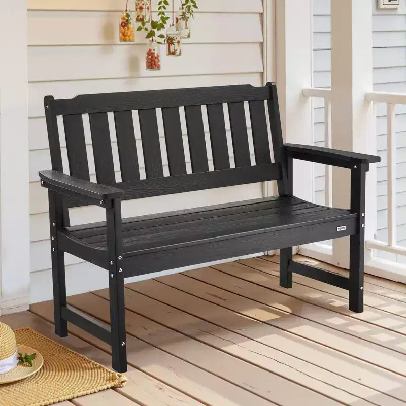 Banc d'extérieur VEVOR, 128 cm, capacité de 362 kg pour 2 à 3 personnes, cadre en plastique résistant aux intempéries avec dossier et accoudoirs larges, noir