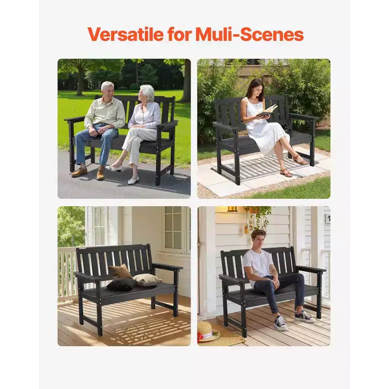 Banc d'extérieur VEVOR, 128 cm, capacité de 362 kg pour 2 à 3 personnes, cadre en plastique résistant aux intempéries avec dossier et accoudoirs larges, noir