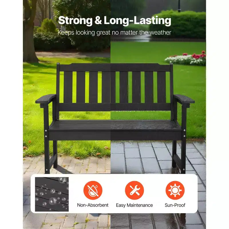 Banc d'extérieur VEVOR, 128 cm, capacité de 362 kg pour 2 à 3 personnes, cadre en plastique résistant aux intempéries avec dossier et accoudoirs larges, noir