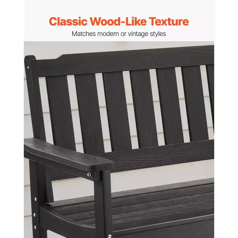 Banc d'extérieur VEVOR, 128 cm, capacité de 362 kg pour 2 à 3 personnes, cadre en plastique résistant aux intempéries avec dossier et accoudoirs larges, noir
