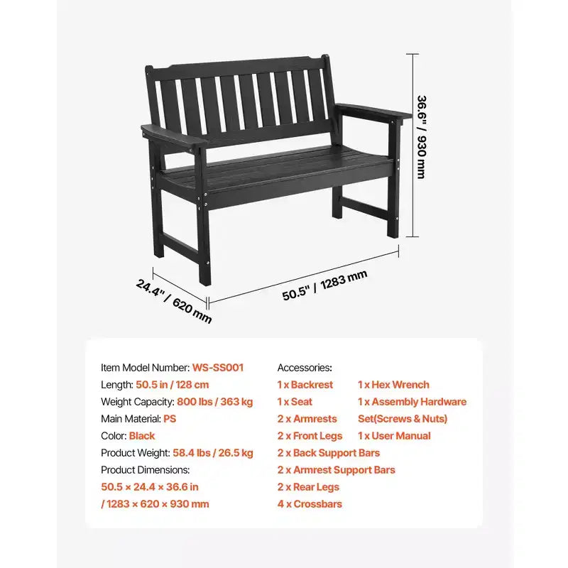 Banc d'extérieur VEVOR, 128 cm, capacité de 362 kg pour 2 à 3 personnes, cadre en plastique résistant aux intempéries avec dossier et accoudoirs larges, noir