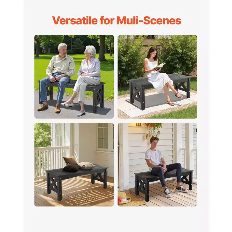 Banc d'extérieur VEVOR, 113 cm, capacité de charge de 272 kg, cadre en plastique résistant aux intempéries avec patins de nivellement réglables et pieds épais, noir