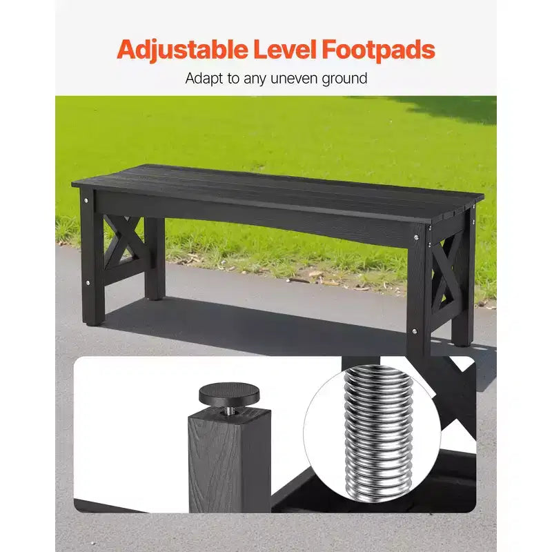 Banc d'extérieur VEVOR, 113 cm, capacité de charge de 272 kg, cadre en plastique résistant aux intempéries avec patins de nivellement réglables et pieds épais, noir