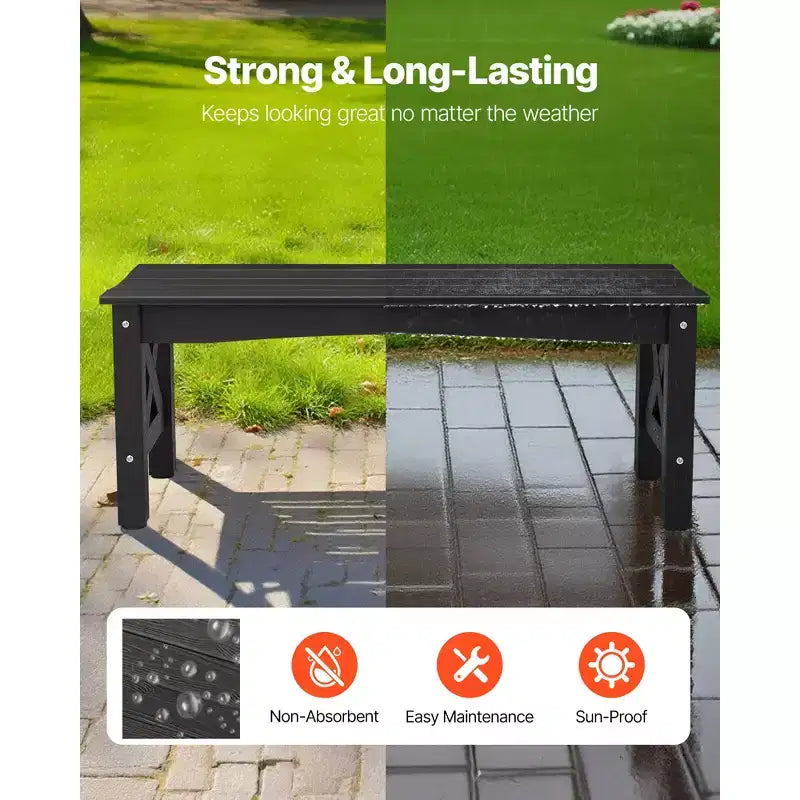 Banc d'extérieur VEVOR, 113 cm, capacité de charge de 272 kg, cadre en plastique résistant aux intempéries avec patins de nivellement réglables et pieds épais, noir