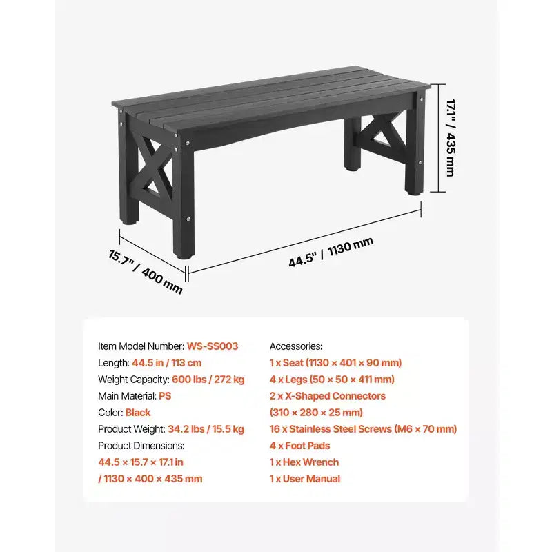 Banc d'extérieur VEVOR, 113 cm, capacité de charge de 272 kg, cadre en plastique résistant aux intempéries avec patins de nivellement réglables et pieds épais, noir