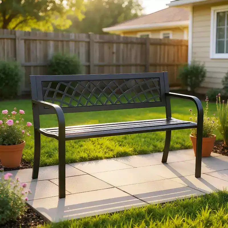 BestMassage Banc de jardin 45 pouces Banc d'extérieur avec dossier et accoudoirs confortables en plastique, noir