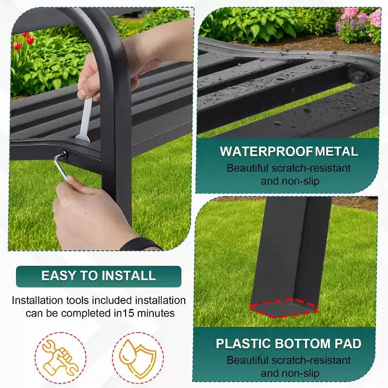 BestMassage Banc de jardin 45 pouces Banc d'extérieur avec dossier et accoudoirs confortables en plastique, noir