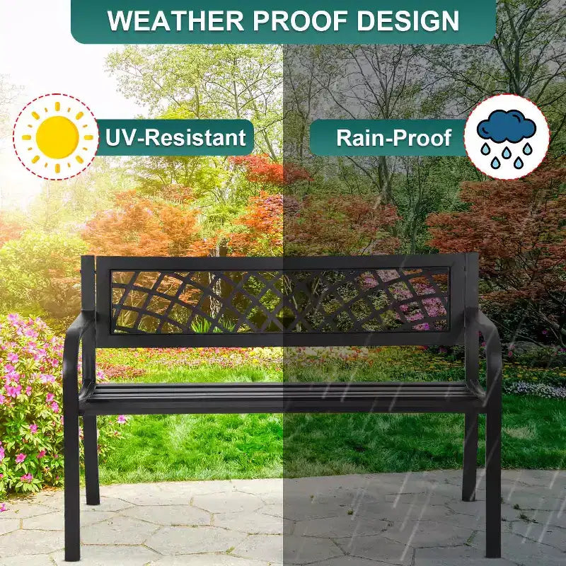 BestMassage Banc de jardin 45 pouces Banc d'extérieur avec dossier et accoudoirs confortables en plastique, noir