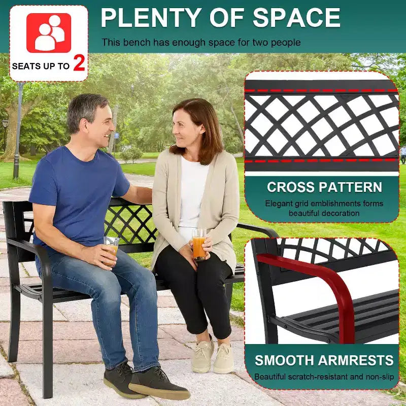 BestMassage Banc de jardin 45 pouces Banc d'extérieur avec dossier et accoudoirs confortables en plastique, noir