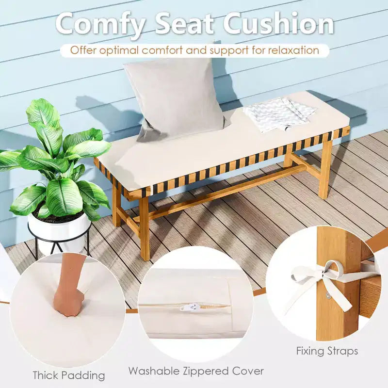 Banc d'extérieur Costway de 122 cm en bois d'acacia avec coussin d'assise rembourré épais, banc d'entrée