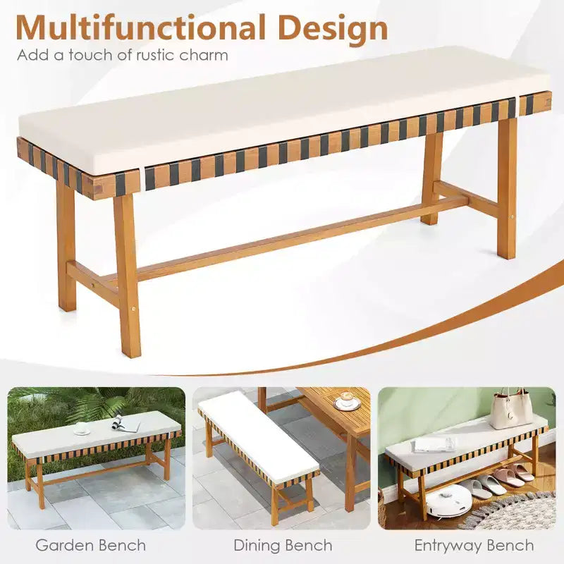 Banc d'extérieur Costway de 122 cm en bois d'acacia avec coussin d'assise rembourré épais, banc d'entrée