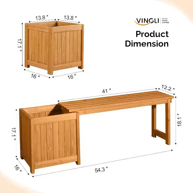 Banc d'extérieur en bois VINGLI avec jardinières, banc de porche 2-en-1 toutes saisons, jardinière surélevée ouverte, pour balcon, patio (1 bac)