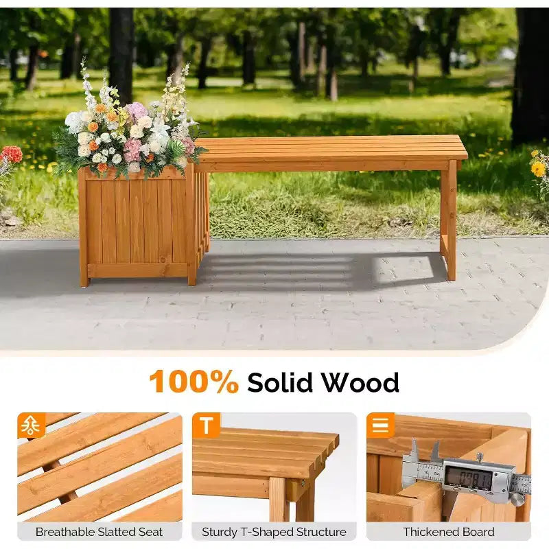 Banc d'extérieur en bois VINGLI avec jardinières, banc de porche 2-en-1 toutes saisons, jardinière surélevée ouverte, pour balcon, patio (1 bac)