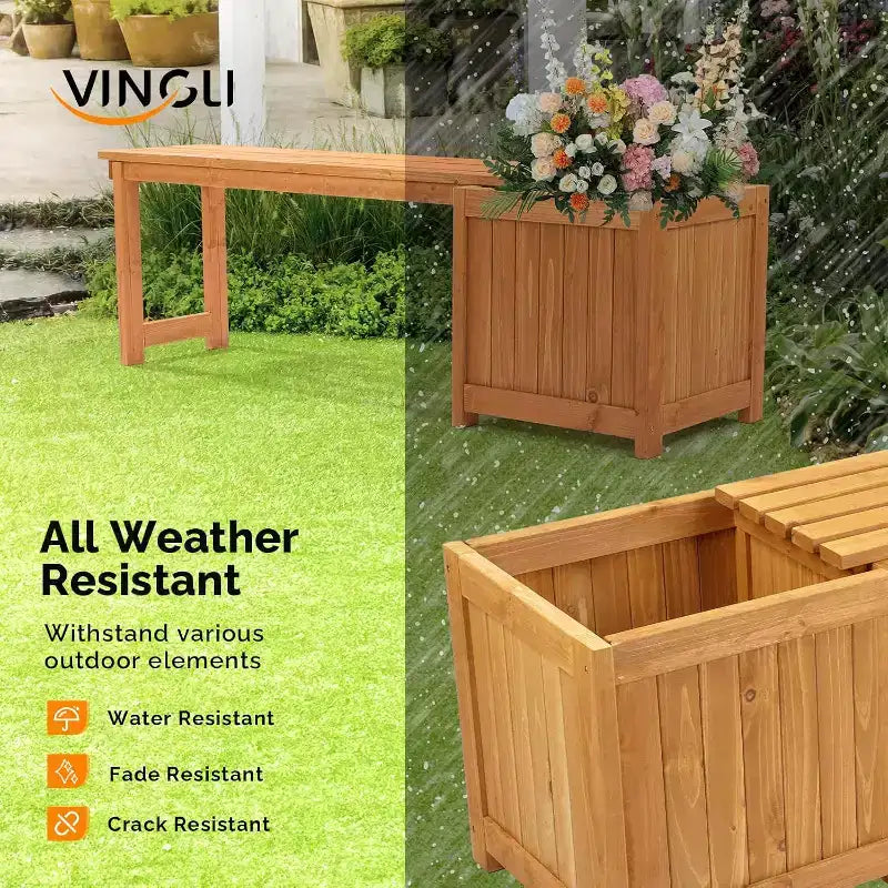 Banc d'extérieur en bois VINGLI avec jardinières, banc de porche 2-en-1 toutes saisons, jardinière surélevée ouverte, pour balcon, patio (1 bac)