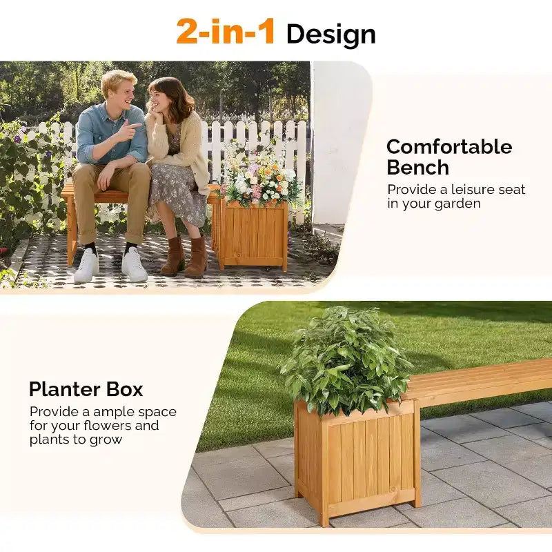 Banc d'extérieur en bois VINGLI avec jardinières, banc de porche 2-en-1 toutes saisons, jardinière surélevée ouverte, pour balcon, patio (1 bac)