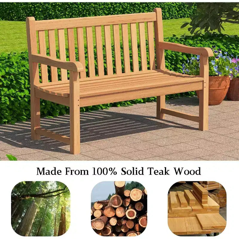 Banc d'extérieur en teck Tree City, siège de patio 2 places au design ergonomique, banc de jardin en teck résistant aux intempéries et durable