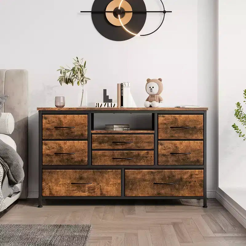 8-Drawer TV Stand for 55 TVs - Media Console with Adjustable Lights & Wood Top, Long Dresser for Bedroom & Living Room Storage