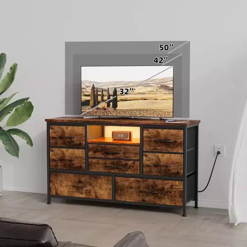 8-Drawer TV Stand for 55 TVs - Media Console with Adjustable Lights & Wood Top, Long Dresser for Bedroom & Living Room Storage