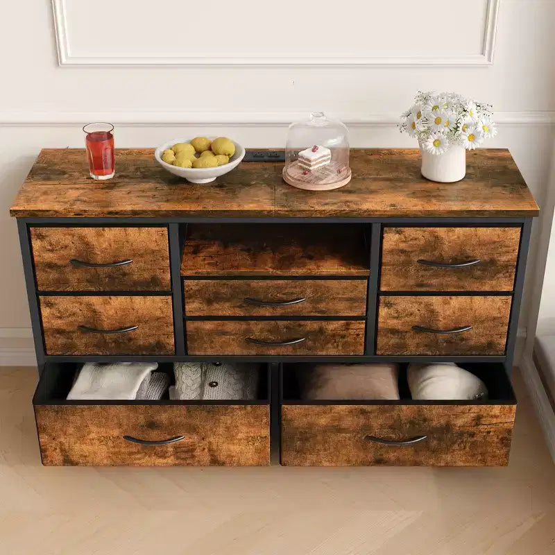 8-Drawer TV Stand for 55 TVs - Media Console with Adjustable Lights & Wood Top, Long Dresser for Bedroom & Living Room Storage