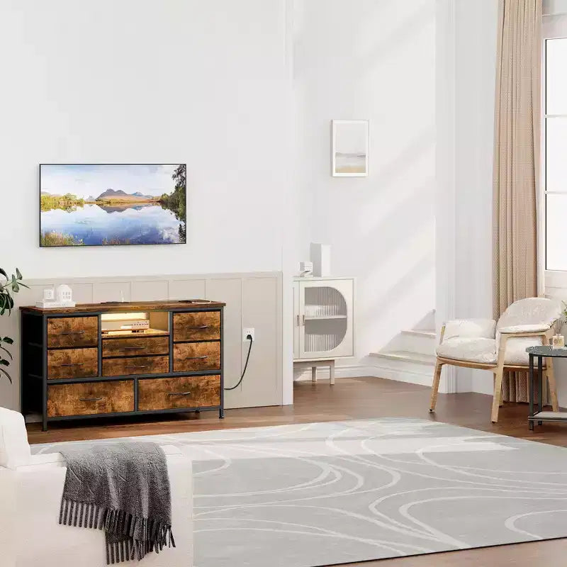 8-Drawer TV Stand for 55 TVs - Media Console with Adjustable Lights & Wood Top, Long Dresser for Bedroom & Living Room Storage