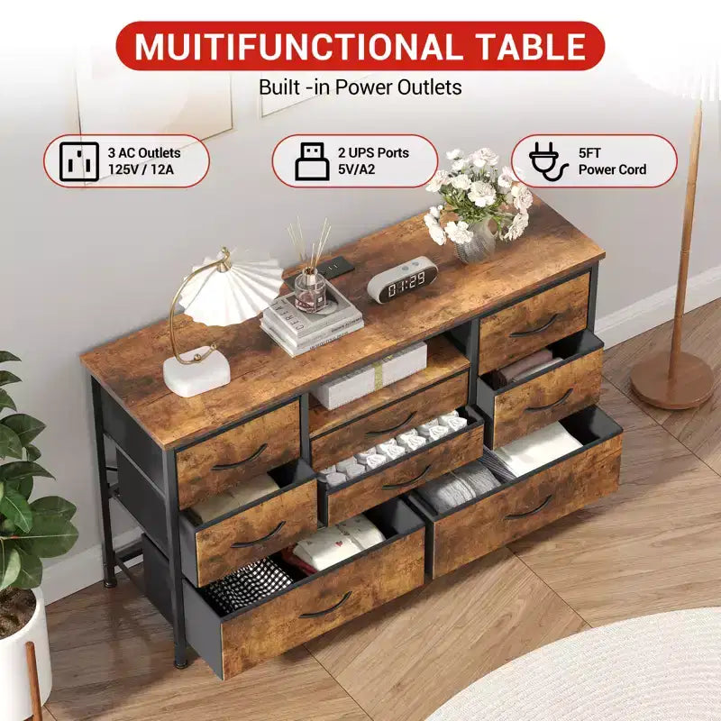 8-Drawer TV Stand for 55 TVs - Media Console with Adjustable Lights & Wood Top, Long Dresser for Bedroom & Living Room Storage