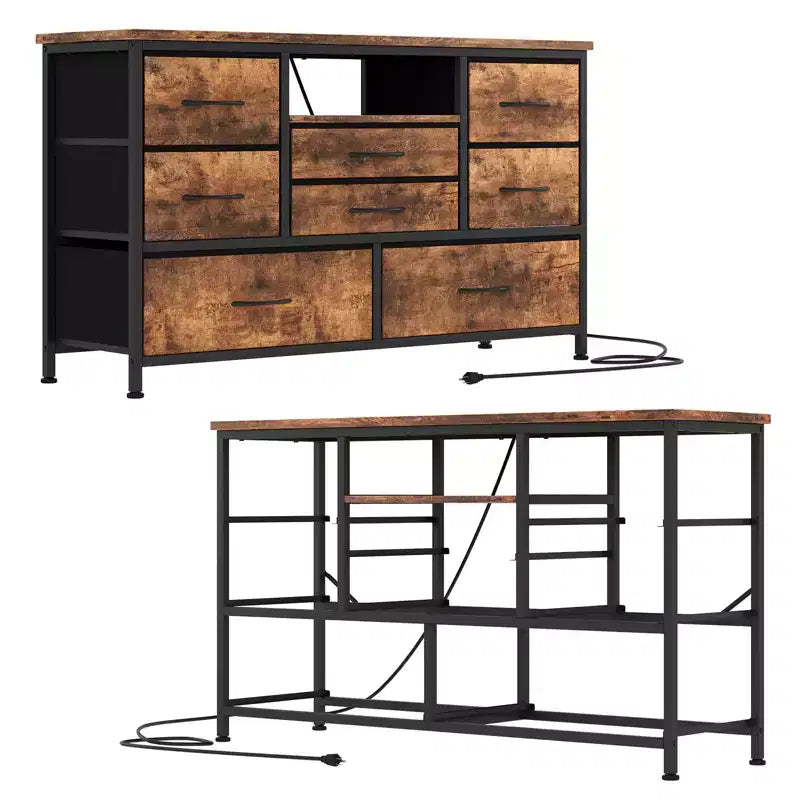 8-Drawer TV Stand for 55 TVs - Media Console with Adjustable Lights & Wood Top, Long Dresser for Bedroom & Living Room Storage