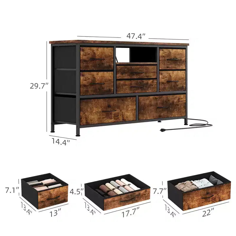 8-Drawer TV Stand for 55 TVs - Media Console with Adjustable Lights & Wood Top, Long Dresser for Bedroom & Living Room Storage