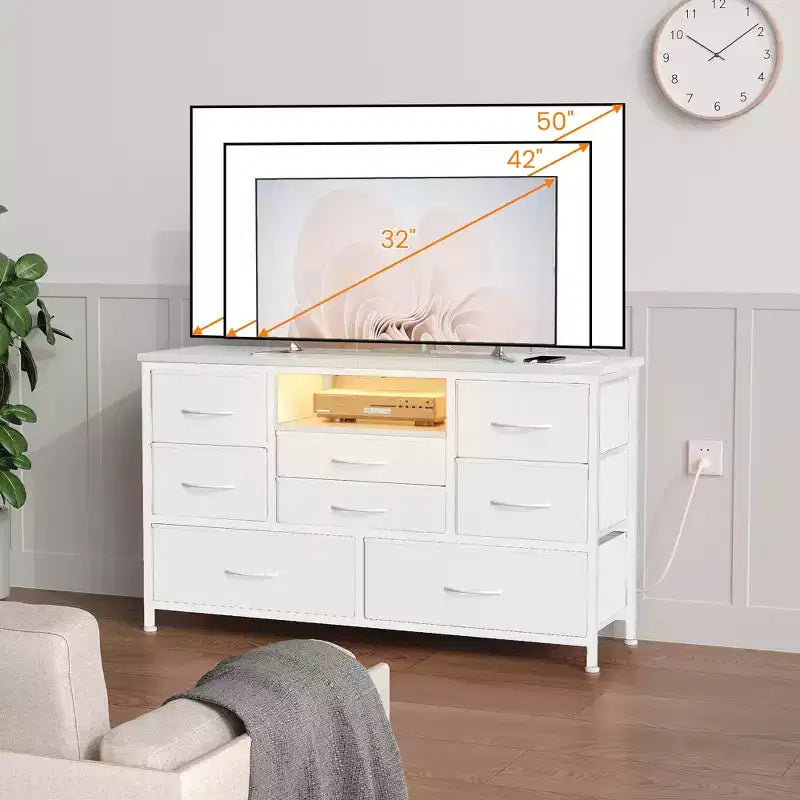 8-Drawer TV Stand for 55 TVs - Media Console with Adjustable Lights & Wood Top, Long Dresser for Bedroom & Living Room Storage