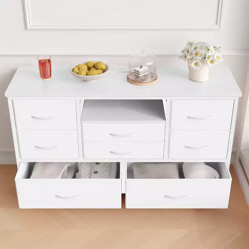 8-Drawer TV Stand for 55 TVs - Media Console with Adjustable Lights & Wood Top, Long Dresser for Bedroom & Living Room Storage