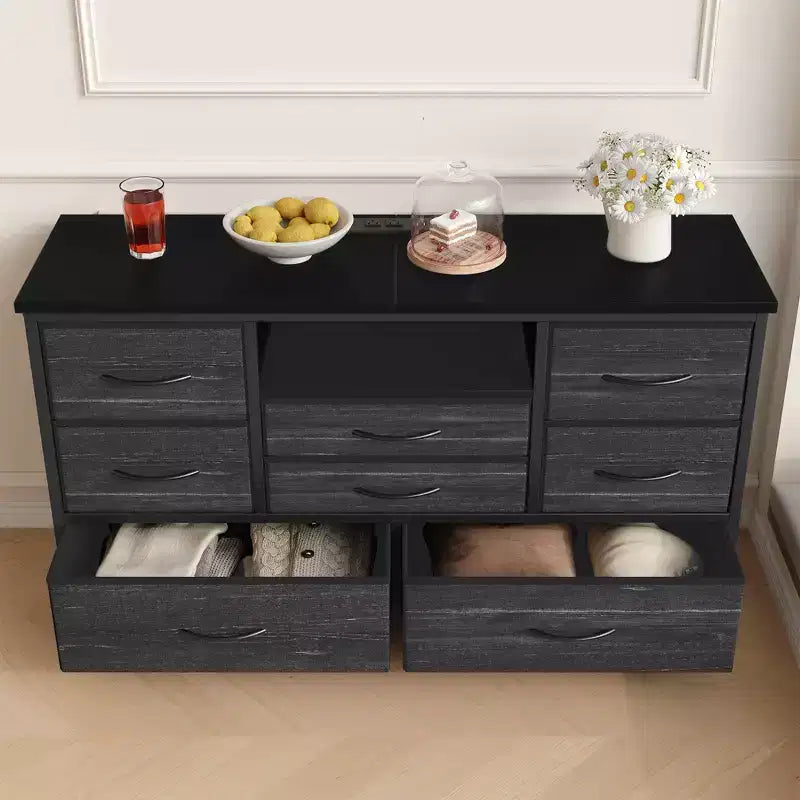 8-Drawer TV Stand for 55 TVs - Media Console with Adjustable Lights & Wood Top, Long Dresser for Bedroom & Living Room Storage