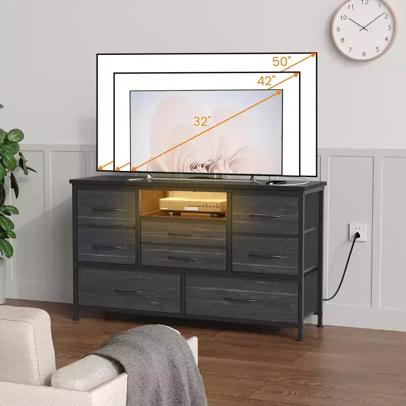 8-Drawer TV Stand for 55 TVs - Media Console with Adjustable Lights & Wood Top, Long Dresser for Bedroom & Living Room Storage