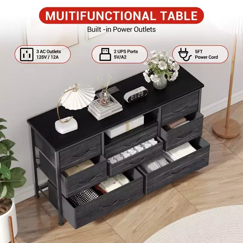 8-Drawer TV Stand for 55 TVs - Media Console with Adjustable Lights & Wood Top, Long Dresser for Bedroom & Living Room Storage