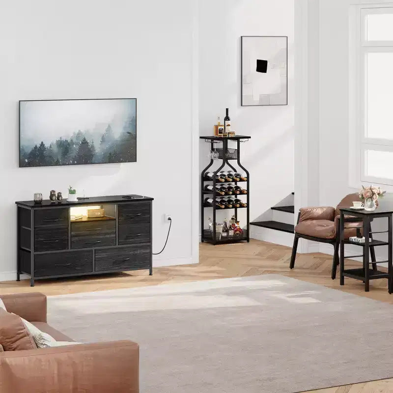 8-Drawer TV Stand for 55 TVs - Media Console with Adjustable Lights & Wood Top, Long Dresser for Bedroom & Living Room Storage