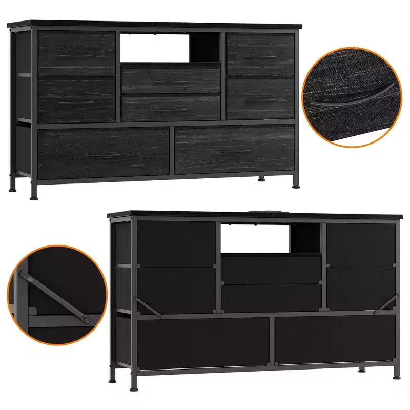 8-Drawer TV Stand for 55 TVs - Media Console with Adjustable Lights & Wood Top, Long Dresser for Bedroom & Living Room Storage