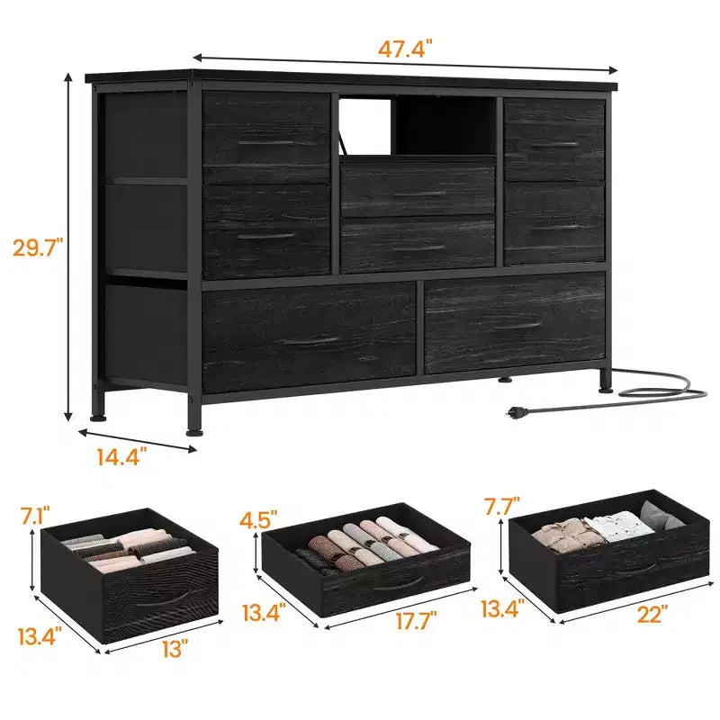 8-Drawer TV Stand for 55 TVs - Media Console with Adjustable Lights & Wood Top, Long Dresser for Bedroom & Living Room Storage