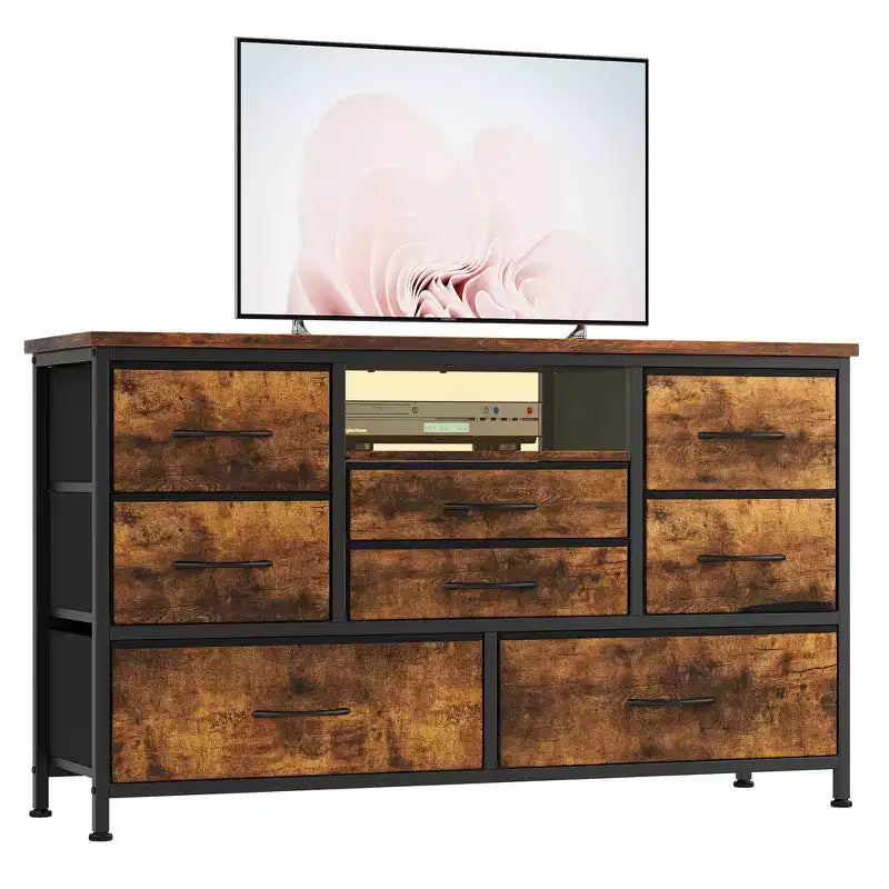 8-Drawer TV Stand for 55 TVs - Media Console with Adjustable Lights & Wood Top, Long Dresser for Bedroom & Living Room Storage
