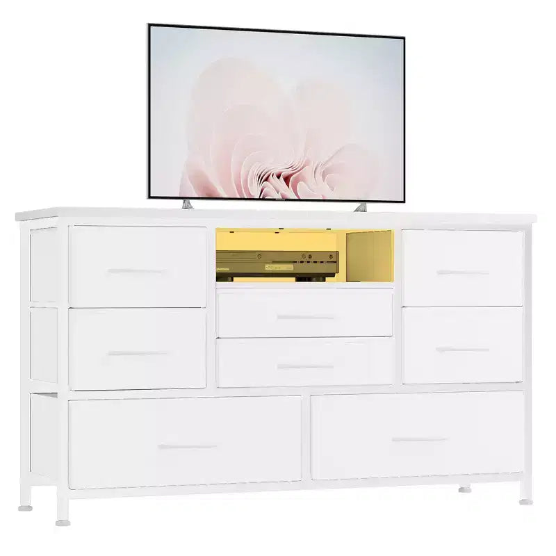 8-Drawer TV Stand for 55 TVs - Media Console with Adjustable Lights & Wood Top, Long Dresser for Bedroom & Living Room Storage
