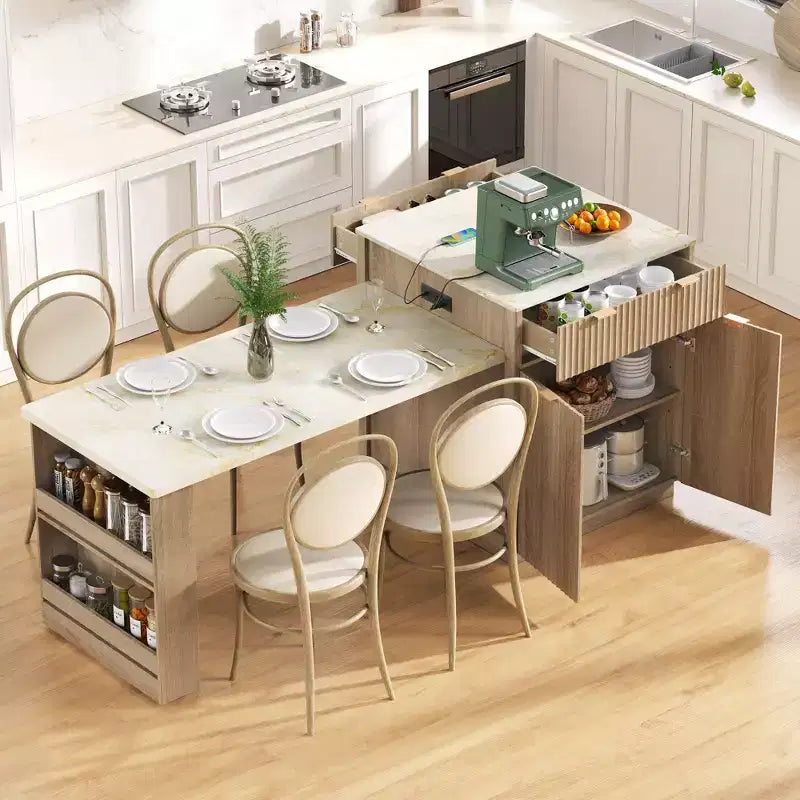 Fluted Kitchen Island with Extendable Table, Power Outlet & Double-Side Storage