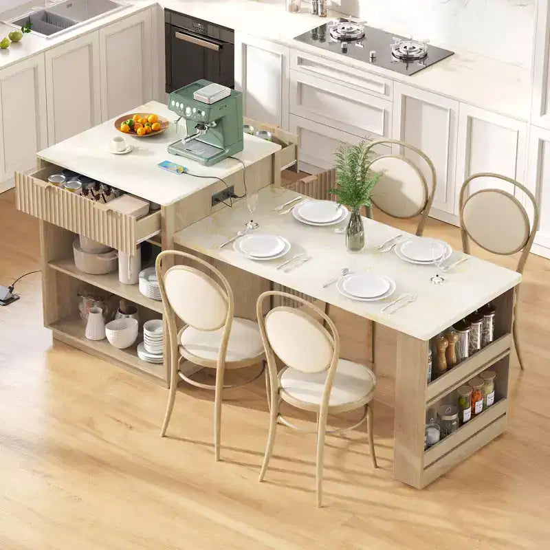 Fluted Kitchen Island with Extendable Table, Power Outlet & Double-Side Storage