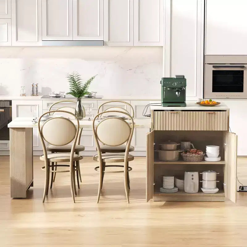 Fluted Kitchen Island with Extendable Table, Power Outlet & Double-Side Storage