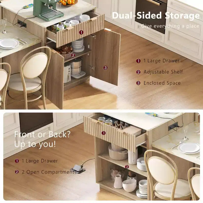 Fluted Kitchen Island with Extendable Table, Power Outlet & Double-Side Storage