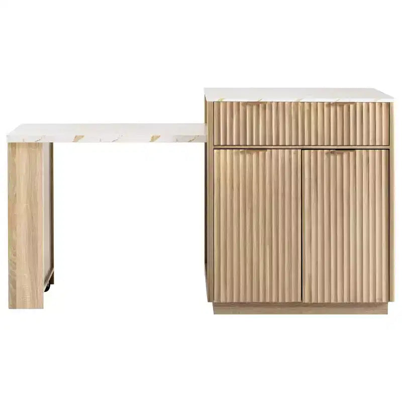 Fluted Kitchen Island with Extendable Table, Power Outlet & Double-Side Storage