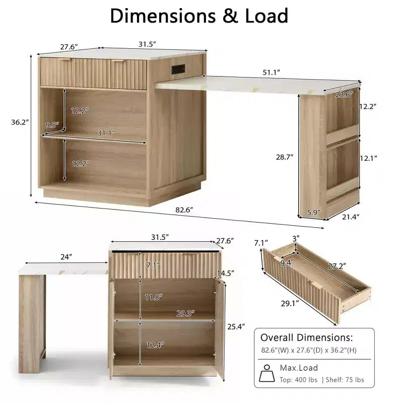 Fluted Kitchen Island with Extendable Table, Power Outlet & Double-Side Storage